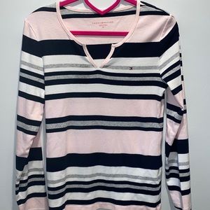 Tommy Hilfiger, pink, white, black, striped gray, top women’s medium